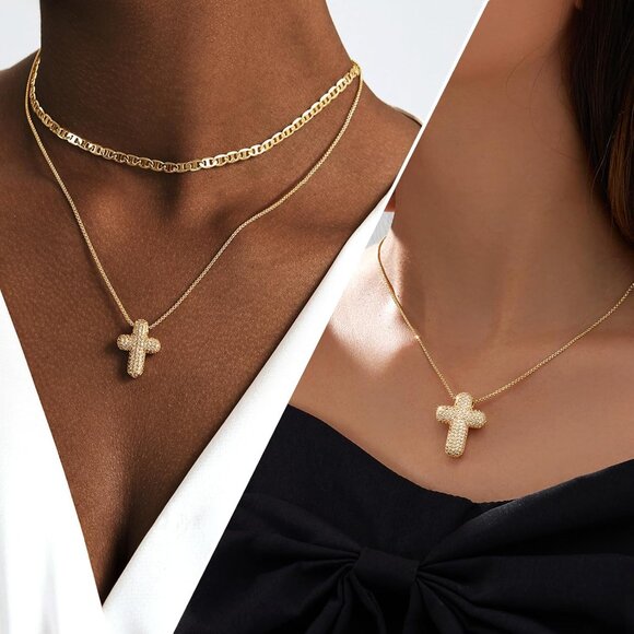 Bubble Cross Necklace for Women 14k Gold Plated Cross Necklace Stackable Dainty - Picture 3 of 7